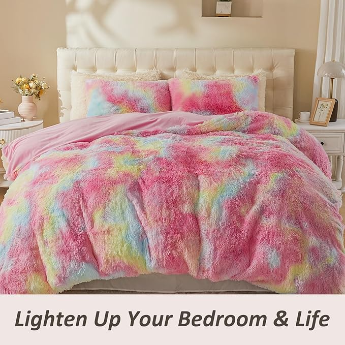 EMME Luxury Fuzzy Duvet Cover Set King Size Fluffy Comforter Cover Set for King Bed 2 Pieces Shaggy and Plush Soft Bedding Duvet Covers (Rainbow Colorful Pink, King)