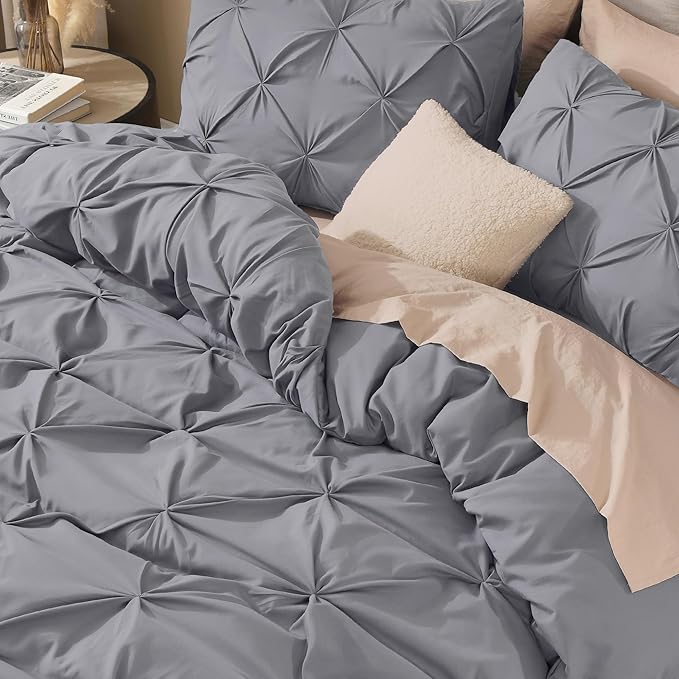 Litanika Dark Grey Pinch Pleat Duvet Cover Queen, 3 Pieces Pintuck Soft Microfiber Bedding Set with Zipper Closure & Corner Ties(90x90Inch-1 Duvet Cover, 2 Pillowcases)
