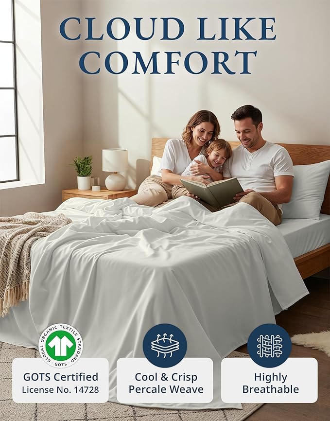 LANE LINEN 100% Organic Cotton Full Sheets Set 4-Piece Pure Percale Long Staple Soft Bedding Breathable Fits Mattress Upto 15" Deep - Glacier Grey