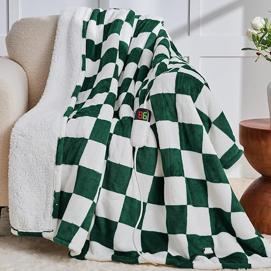Heated Electric Blanket Throw, 50X60 Heating Blanket with 10 Heat Level & 8 Hours Auto Off for Lap, Dark Green Checkered Plaid Soft Sherpa Blankets Warmer Gifts for Couch Grandma Women Adults