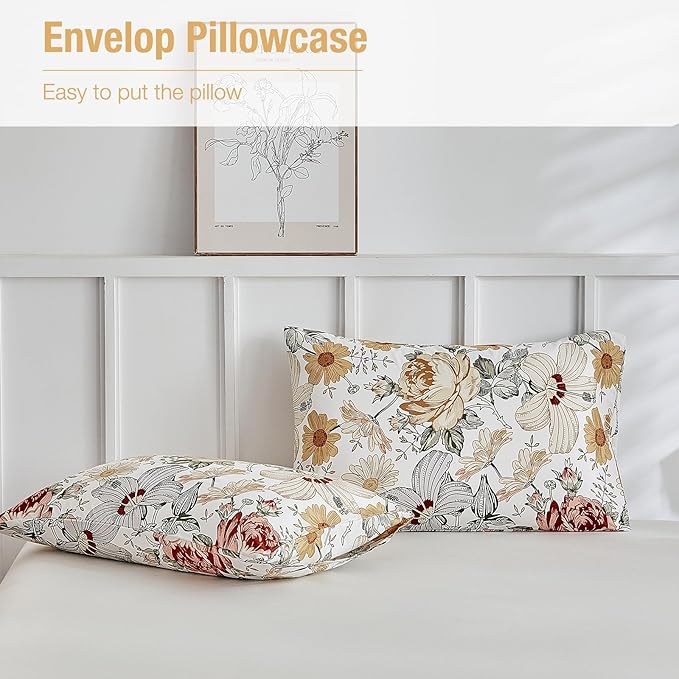 Lekesky King Duvet Cover Set, Reversible Vintage Flowers Print Comforter Cover King Size 3pc, Soft 100% Washed Microfiber Breathable Bedding Sets with Zipper Ties and 2 Pillowcases