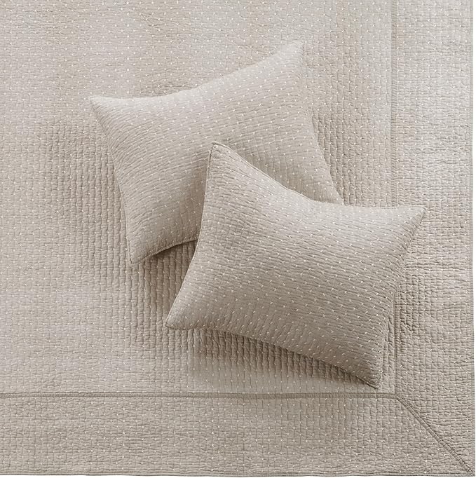 Levtex Home Cross Stitch Reversible King Bedspread Set (120x104in) with 2 Pillow Shams (36x20in) - Stitch Texture - Taupe - Cotton King Size Bedspread Set - Soft, Pre-Washed