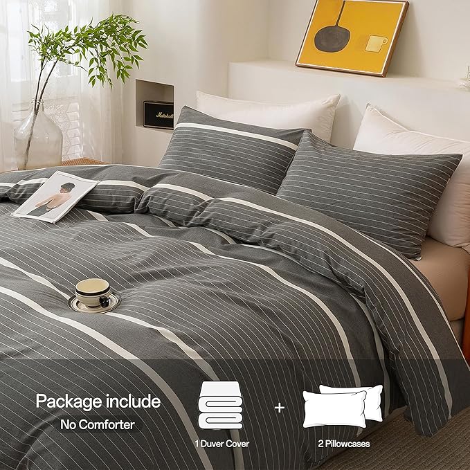 ECOCOTT 3 Pieces Duvet Cover Set King 100% Washed Cotton 1 Duvet Cover with Zipper and 2 Pillowcases, Ultra Soft and Easy Care Breathable Cozy Simple Style Bedding Set(Grey Stripes)