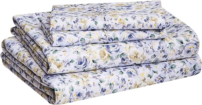 Amazon Basics Lightweight Super Soft Easy Care Microfiber 4 Piece Bed Sheet Set with 14-inch Deep Pockets,Queen,Blue Floral,Printed,(Pack of 4)