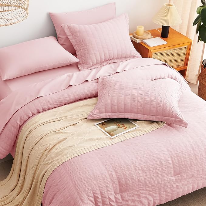 CozyLux King Size Comforter Set Pink Seersucker 7 Pieces Bed in a Bag King Comforter Set with Sheets, Luxury Bedding Sets with Down Alternative Comforter, Sheets, Pillowcases & Shams All Seasons