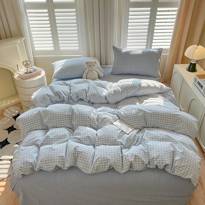 LifeTB Blue Gingham Comforter Set Twin XL 3 Pieces Blue Plaid Checkered Comforter Set Lightweight Grid Bedding Comforter with 2 Pillowcases Soft Farmhouse Gingham Bedding Set for All Seasons