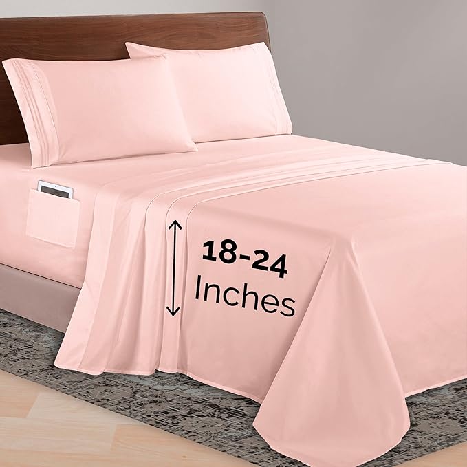 Elegant Comfort Luxurious 1500 Premium Hotel Quality Microfiber 4-Piece Sheet Set, 18-24 Inches Deep - Extra Deep Pocket Sheets - Ultra Soft 4PC Deep Pocket Sheets, Twin/Twin XL, Blush