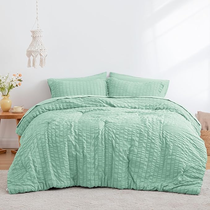 Love's cabin Seersucker Light Green California King Comforter Set, 7-Piece All Season Lightweight Bed in a Bag Bedding Set with Comforter, Flat Sheet, Fitted Sheet, Pillowcases and Shams | Soft, Breathable, Lightweight