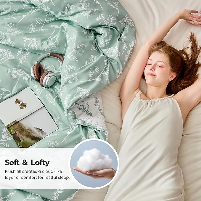 Joiedomi Queen Comforter Set, Sage Green 3 Pieces Floral Queen Bedding Set for Girls Bed with 1 Soft Reversible Botanical Comforter and 2 Pillow Shams, Bed in a Bag for All Seasons