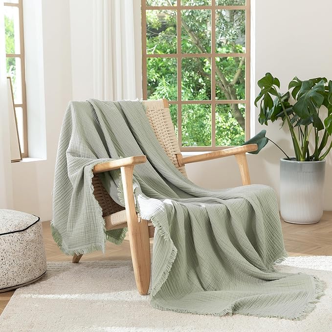 MooMee Muslin Blanket - 100% Cotton 4-Layer Gauze Throw Blanket with Tassels Ultra-Soft Breathable Lightweight Cooling for Bed Couch (Sage Green,Super King 108" x 98")
