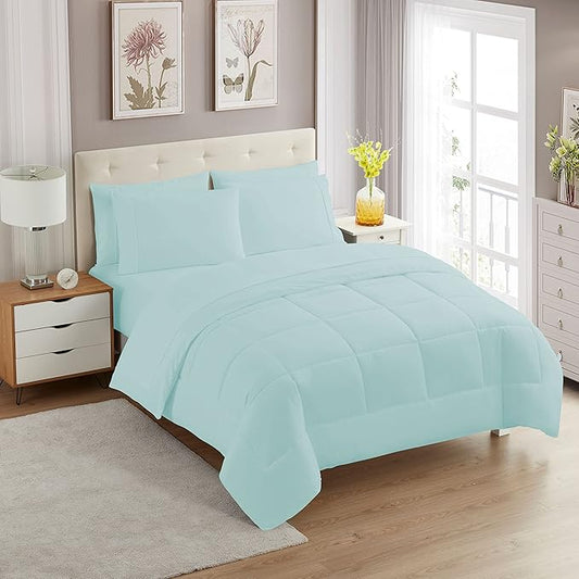King Size Comforter Set with Sheets - 7-Piece Bedding Collection - 1 Comforter, 1 Fitted Sheet, 1 Flat, 4 Pillowcases - Deep Pocket - Soft & Breathable Premium Quality - Ideal for All Seasons, Aqua