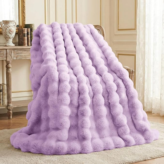 L'AGRATY Faux Fur Throw Blanket: 60" x 80" Luxury Soft Fluffy Rabbit Fur Blankets Twin for Couch Bed Sofa - Cozy Plush Bubble Blankets for Winter: Flannel Fleece Decorative Blanket(Purple)