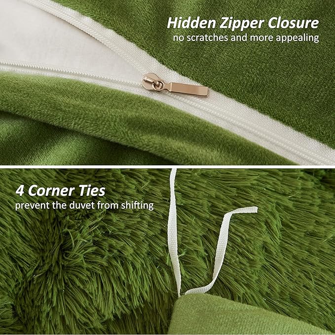 EMME Luxury Green Fuzzy Duvet Cover Set King Size 3 Pieces Fluffy Comforter Cover Set for King Bed Shaggy and Plush Soft Bedding Duvet Covers (Green, King)