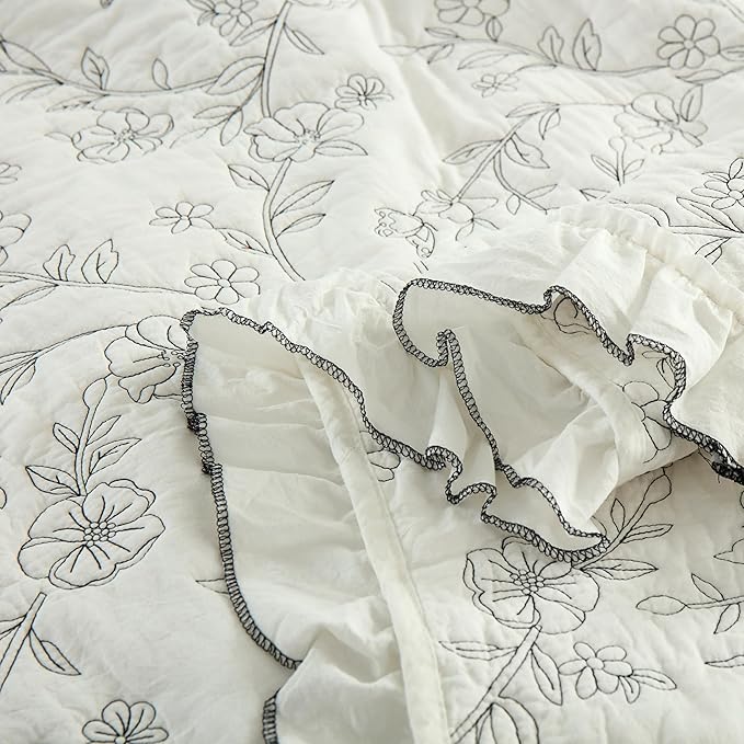MarCielo 3-Piece 100% Cotton Bedspread Lightweight Quilt Coverlet Embroidery Farmhouse Bedding Set (Floral,Queen (98" X 90"))