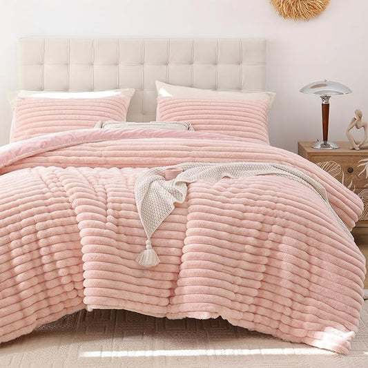 Smoofy Fluffy Queen Size Comforter Set 3 Pieces - Blush Pink Fleece Fluffy Comforter Set, Luxury Fuzzy Queen Bedding, Soft Warm Queen Bed Set All Season, Heavy Faux Fur Comforter with 2 Pillow Cases