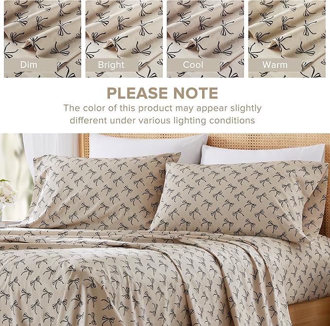 Comfort Spaces 100% Cotton Sheets Queen, Breathable, Naturally Cool Cotton Sheets, Cotton Bed Sheets with 14" Elastic Pocket Fits up to 16" Mattress, All Seasons Sheet Set, Bow Black/Taupe 4 Piece