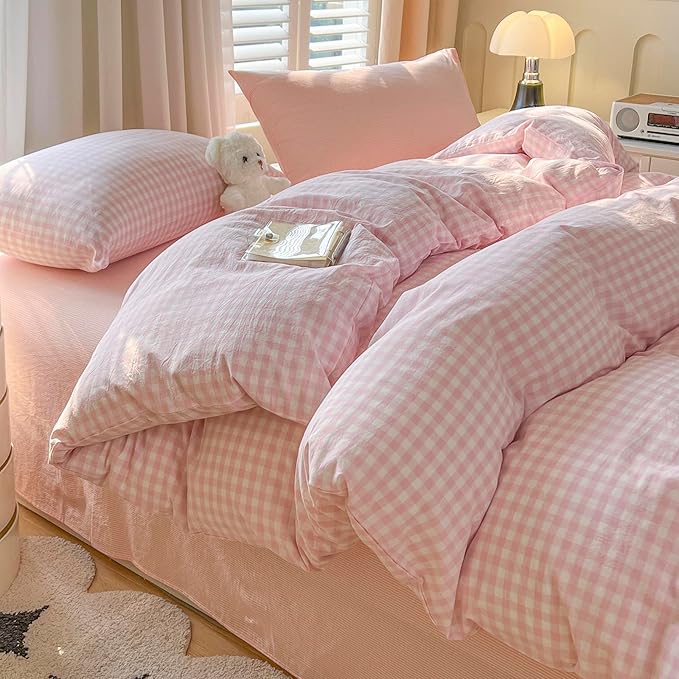 LifeTB Pink Gingham Comforter Set Full Size Modern Style Pink Grid Comforter Set 3 Pieces Plaid Checkered Pattern Comforter Fluffy Soft Farmhouse Gingham Bedding Comforter with 2 Pillowcases