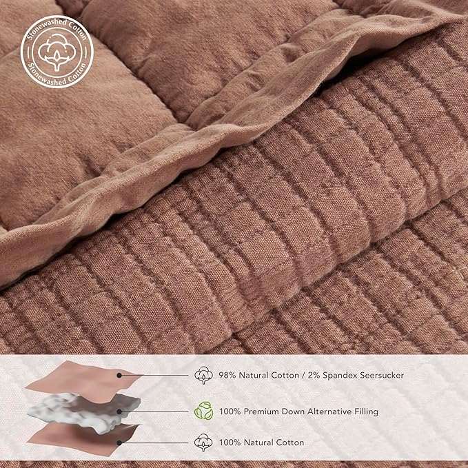 EVERGRACEHOME Stonewashed Cotton Quilt Set Full Queen Size, Ultra Soft Oversized Bedspread Coverlet Set, Lightweight Crinkle Box Stitch Bedding Sets for All Season, with 2 Shams, Terracotta Clay