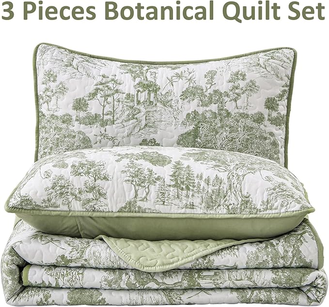 WONGS BEDDING Botanical Quilt Set California King Size, Sage Green 3 Pieces Toile Floral Plants Printed Bedspread Bedding Set Soft Lightweight Microfiber Coverlet Set for All Season (112"×96")