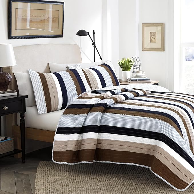 Cozy Line Home Fashions Sailor Navy Blue Star Striped Print Cotton Reversible Bedding Quilt Set (Nathan Stripe, Twin)