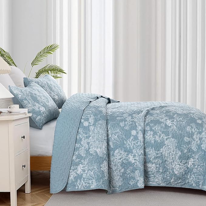 WONGS BEDDING Botanical Quilt Set King Size, Aqua 3 Pieces Toile Floral Plants Printed Bedspread Bedding Set Soft Lightweight Microfiber Coverlet Set for All Season (104"x90")
