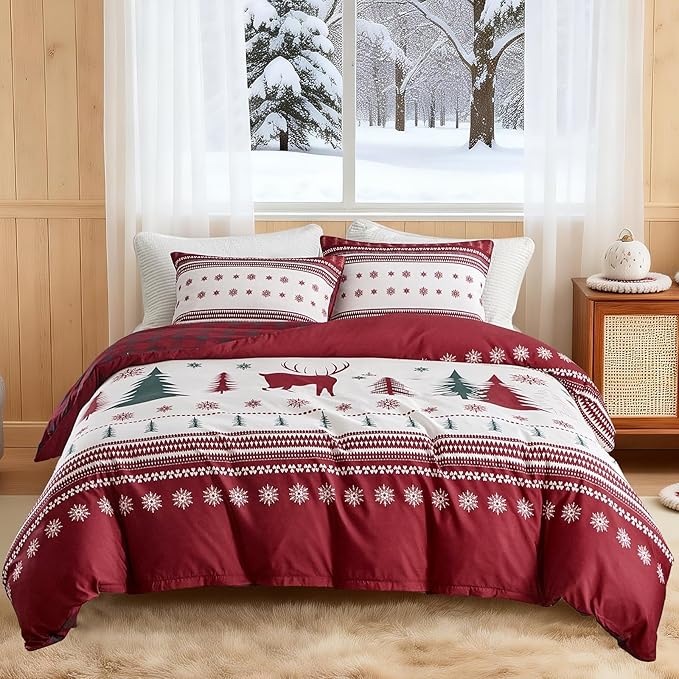 Lekesky Duvet Cover King Size,3 Pieces Reversible Red Plaid Reindeer Snowflake Winter Bedding Set with Zipper Closure and Corner Ties(1 Duvet Cover 104''×90'' inches + 2 Pillowcases)