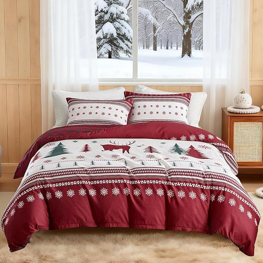 Lekesky Duvet Cover King Size,3 Pieces Reversible Red Plaid Reindeer Snowflake Winter Bedding Set with Zipper Closure and Corner Ties(1 Duvet Cover 104''×90'' inches + 2 Pillowcases)