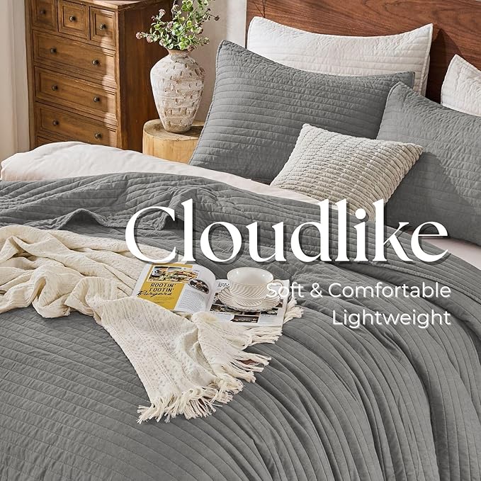 DOWN HOME Cali King Quilt Bedding Set with Shams, Vintage Washed Quilted Blanket Thin Comforter Lightweight Bedspread Coverlet Bed Cover, Brushed Microfiber Stripe Stitching, Ash Gray, 111"x92"