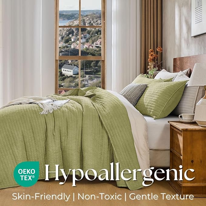 DOWN HOME King Quilt Bedding Set with Shams, Vintage Washed Soft Quilted Blanket Thin Comforter Lightweight Bedspread Coverlet Bed Cover, Brushed Microfiber Stripe Stitching, Golden Olive, 104"x90"
