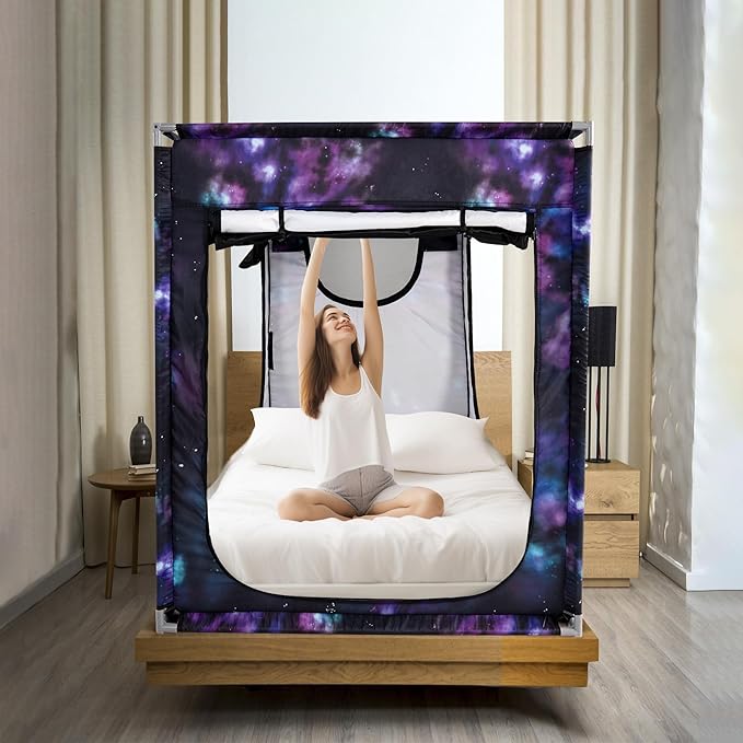 Twin Bed Canopy Portable Blackout Bed Tent Privacy Tent for Adult Indoor Sleeping with 3 Doors, Storage Bag, Galaxy