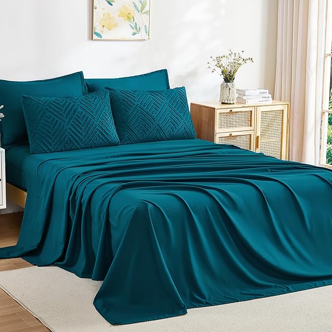 Andency Super King Plus Comforter Set Teal - 7 Pieces Bed in a Bag Oversized King Bedding Sets, Boho Tufted Lightweight Fluffy Bed Set with Comforter, Sheets, Pillowcases & Shams
