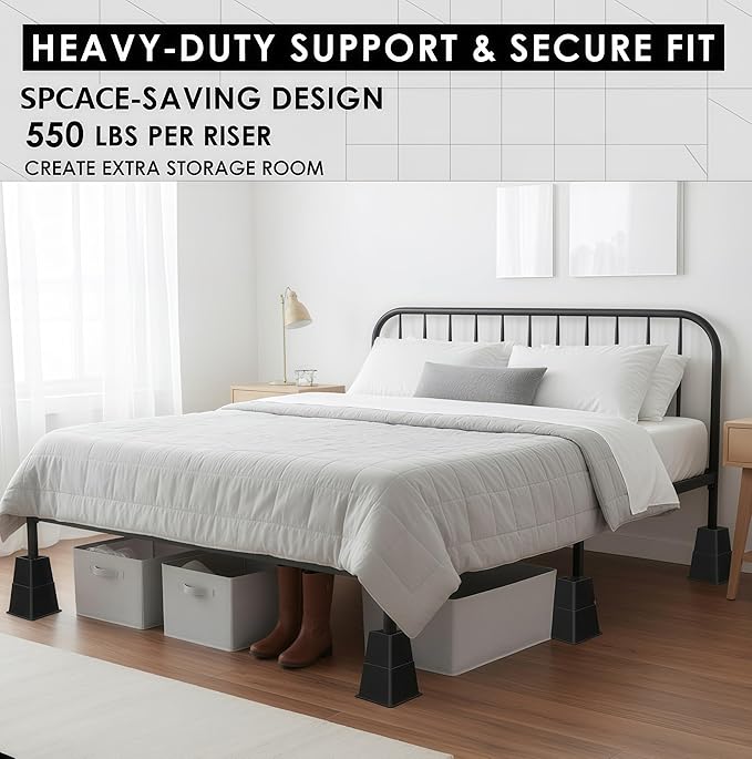 Bed Furniture Riser 4, 5 or 9 inches, Versatile Bed and Furniture Riser - Heavy Duty, Stackable, Supports 550 lbs Each Riser - Set of 8, Black