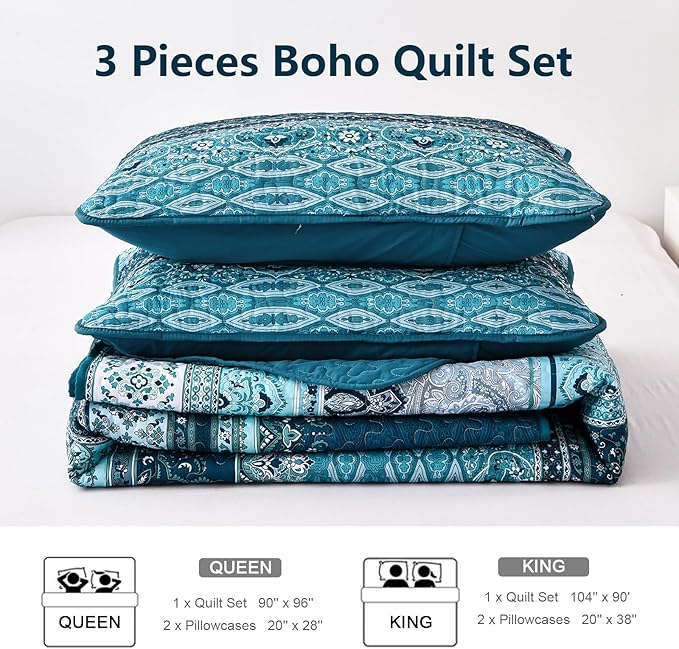 WONGS BEDDING Boho King Quilt Set, Blue Bohemian King Quilt Bedding Set, Lightweight Microfiber Bed Decor Bedspread for All Season 103"x90"(3 Pieces)