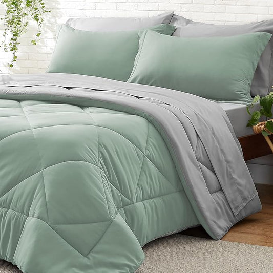 BEDELITE Queen Comforter Set 7 Pieces Bed in A Bag - Soft Microfiber Reversible Sage Green Bed Set with Comforters, Sheets, Pillowcases & Shams, Cozy Luxury Bedding Sets for All Season