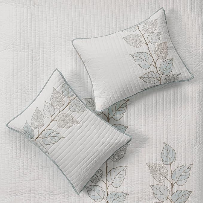Madison Park Caelie Quilt Modern Classic Design All Season, Breathable Coverlet Lightweight Bedding Set, Matching Shams, Decorative Pillow, King/Cal King(104"x94"), Leaf Blue 6 Piece