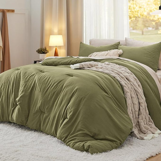 Bedsure Queen Comforter Set, Olive Green Soft Prewashed Bedding for All Seasons, 3 Pieces GentleSoft™ Bed Set, 1 Lightweight Comforter (90"x90") and 2 Pillowcases (20"x26")