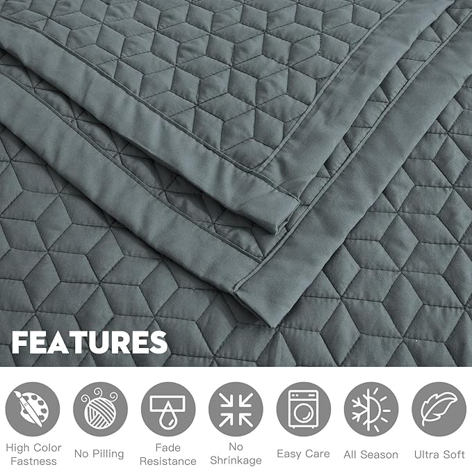 Oversized King Bedspread 128x120 Extra Wide, Modern & Contemporary Look, Lightweight Bedding Cover, Reversible, 5 Piece, 100% Microfiber, Silver Grey