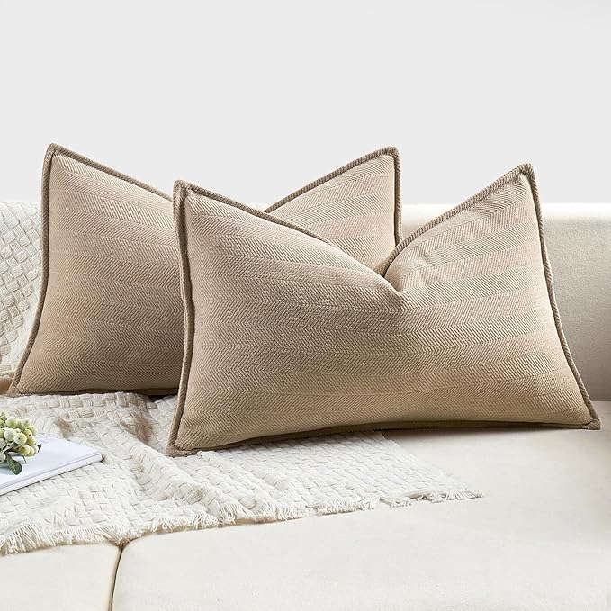 MIULEE Pack of 2 Khaki Decorative Lumbar Pillow Covers 12x20 Inch Soft Chenille Luxurious Couch Throw Pillows Farmhouse Cushion Covers with Elegant Design for Sofa Bedroom Living Room Home Decor