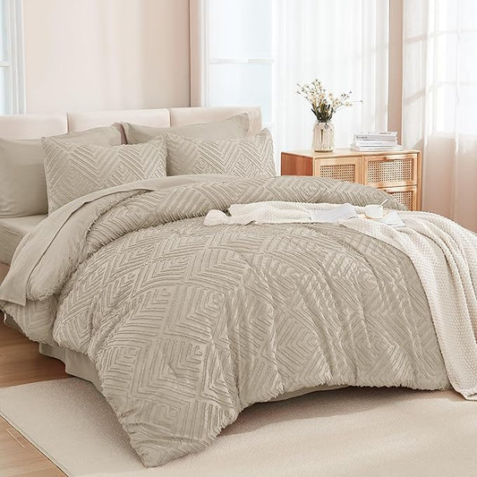 Andency Oatmeal Super King Size Comforter Set with Sheets - 7 Pieces Bed in a Bag Boho Tufted Bedding Sets Fluffy Lightweight Super King Bed Set with Comforter, Sheets, Pillowcases & Shams