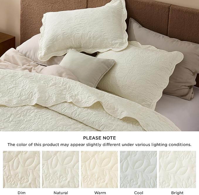 Bedsure Quilts Queen Size - Ultra Soft Pre-Washed Cloud-Like Bedding, All-Season Lightweight Comforter for Country Bedroom, Leaf Design Coverlet in Cream Yellow, 90 x 96 Inches