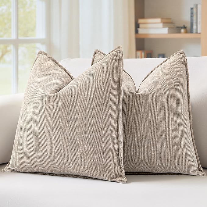 MIULEE Pack of 2 Beige Decorative Pillow Covers 24x24 Inch Soft Chenille Luxurious Couch Throw Pillows Farmhouse Cushion Covers Euro Shams with Elegant Design for Sofa Bed Living Room Spring Decor