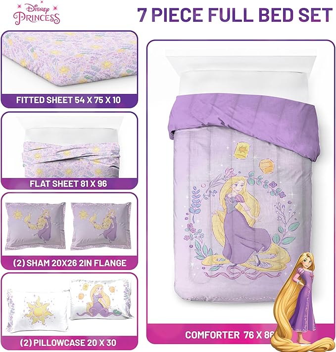 Jay Franco Kids Comforter Set Includes Sheets and Pillow Covers - Soft and Cozy Bed Set for Stylish Room Decor, Purple - Disney Princess Rapunzel, 7 Piece Full Size Bedding