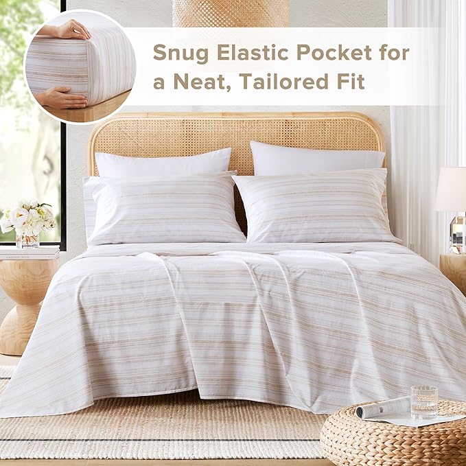 Comfort Spaces 100% Cotton Sheets Full, Breathable, Naturally Cool Cotton Sheets, Cotton Bed Sheets with 14" Elastic Pocket Fits up to 16" Mattress, All Seasons Sheet Set, Good Vibes Taupe 4 Piece