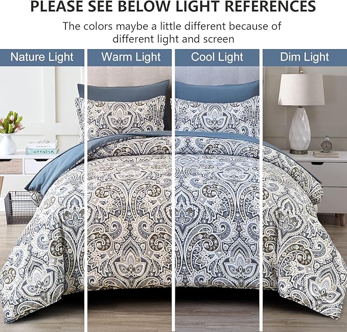 Drucon Blue Paisley Comforter Set Full,7 Pieces Bed in a Bag Comforter Boho Paisley Pattern Bedding Set Soft Microfiber(1 Comforter,1 Flat Sheet, 1 Fitted Sheet,2 Pillowcases, 2 Pillow Shams)