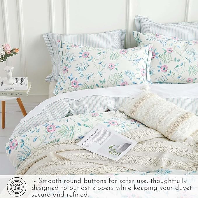 Elegant 100% Cotton Duvet Cover Queen Size - Petal Pink Flowers & Sage Branches on Soft White,Fine Striped Back, Neutural Bedding Set 3Pcs with Button Closure (Queen,90"x90")