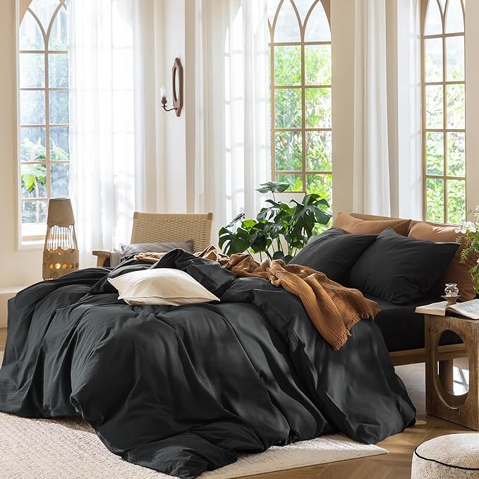 MooMee Bedding Duvet Cover Set 100% Washed Cotton Linen Like Textured Breathable Durable Soft Comfy (Solid Black, Super King 108"x98")