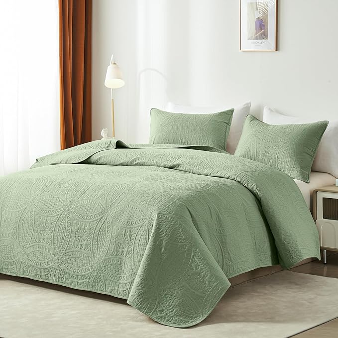 akkialla Quilts Queen Size,Sage Green Ultrasonic Full/Queen Quilt Set,Lightweight Soft Bedspread Coverlet,Modern Style Coin Pattern Bed Cover for All Seasons,3 Piece(1 Quilt,2 Pillow Shams) | Breathable, Cozy
