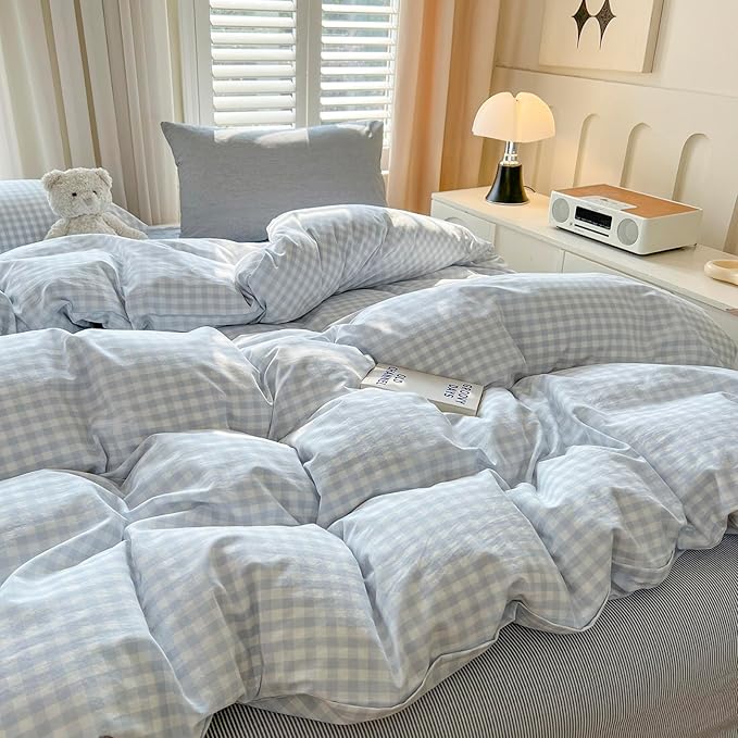 LifeTB Blue Gingham Comforter Set Full Size Modern Style Blue Plaid Comforter Set 3 Pieces Grid Checkered Pattern Comforter Fluffy Soft Farmhouse Gingham Bedding Comforter with 2 Pillowcases