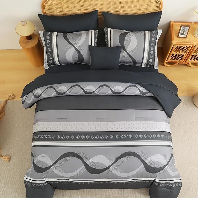 Anibeddin Grey Comforter Set King Size,8 Pieces Boho Bed in a Bag Patchwork Striped Comforter Set, Soft Microfiber Bedding Set for All Season(104"×90")