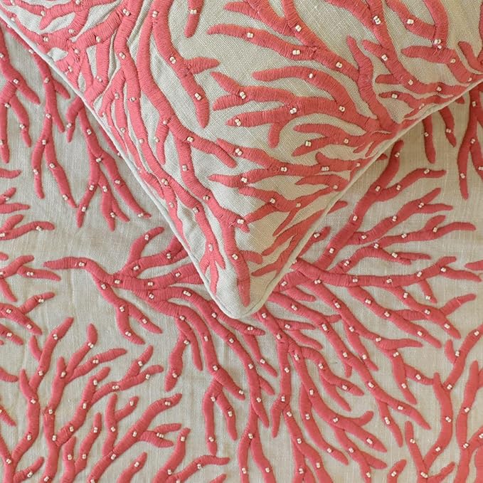 The HomeCentric King/Queen/Twin Coral, Peach & Pink Designer Twin 53"x18" Bed Runner with 2 Pillow Cover, Coral, Pearl Embroidery, Under The Sea & Beach Theme On Linen Fabric - Coraline Pearls